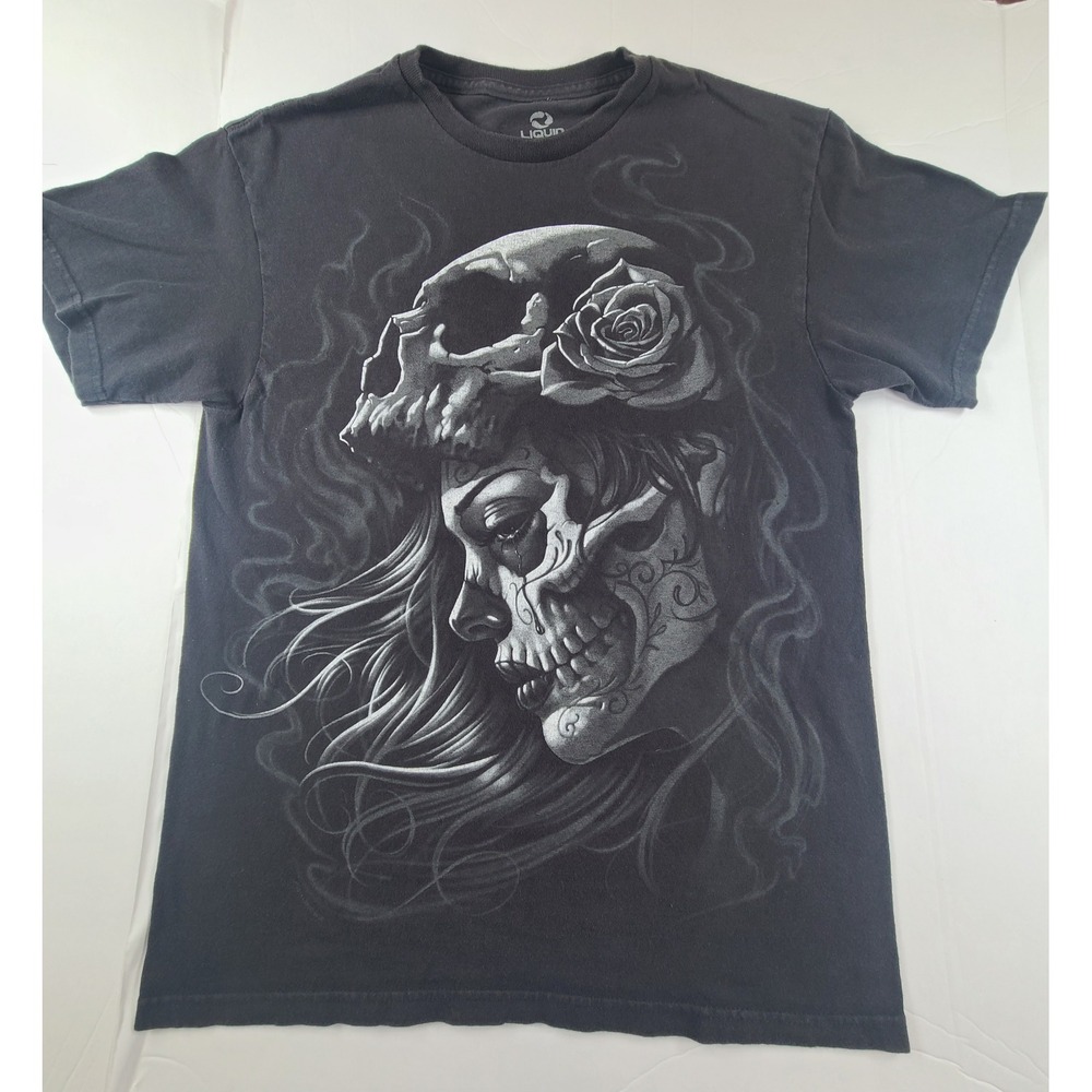 Liquid Blue Mens Day of the Dead Sugar Skull Rose Graphic T-Shirt Black Medium‎